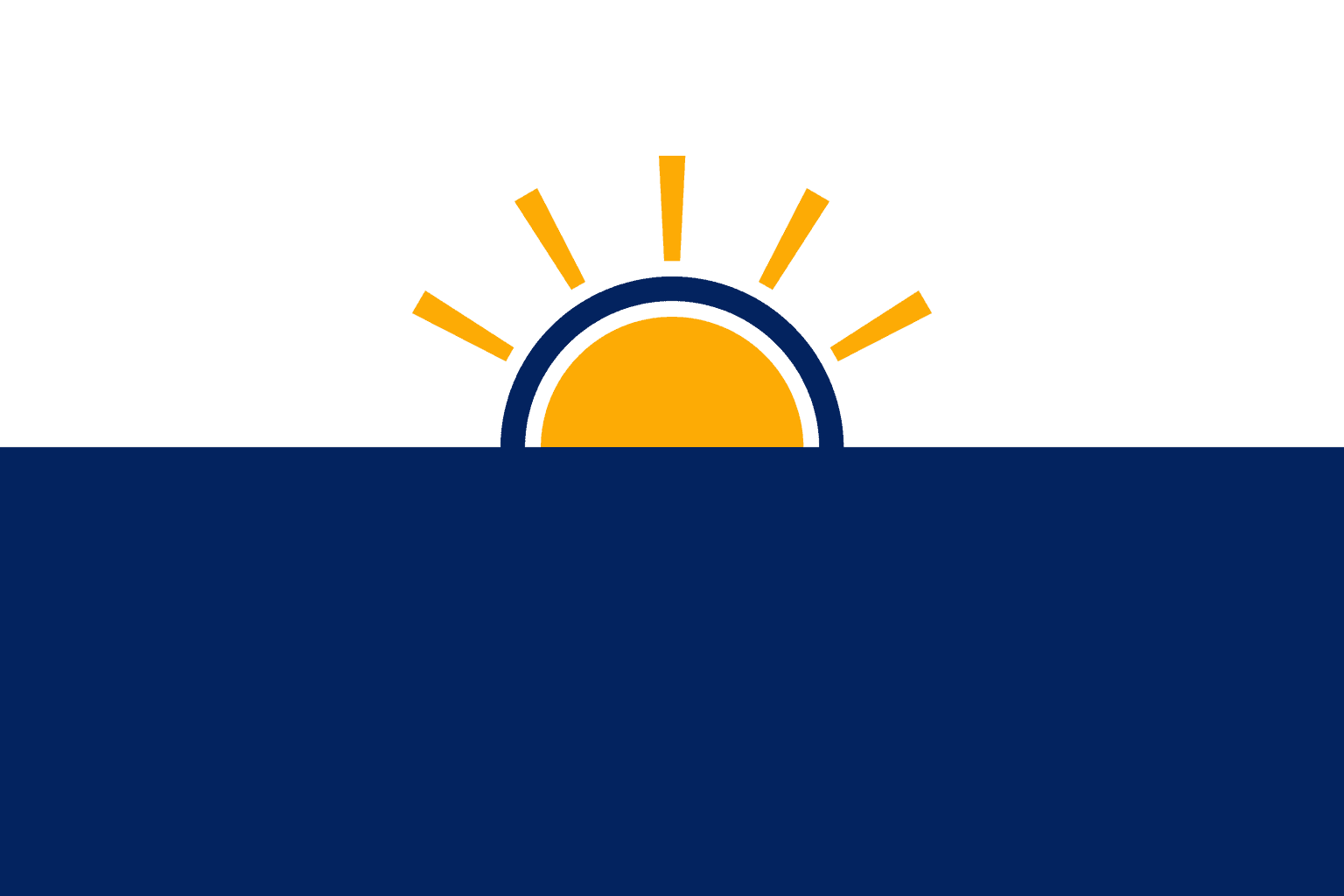 The flag of Aarunya Swaraj Party: a white upper half and deep blue lower half divided by a straight horizon, with a golden sun rising at the centre inside a thin blue arch, golden rays breaking upward into the white field